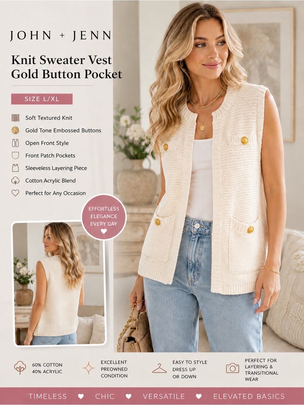 John + Jenn Cream Knit Sweater Vest Gold Button Pocket Open Front Size Large